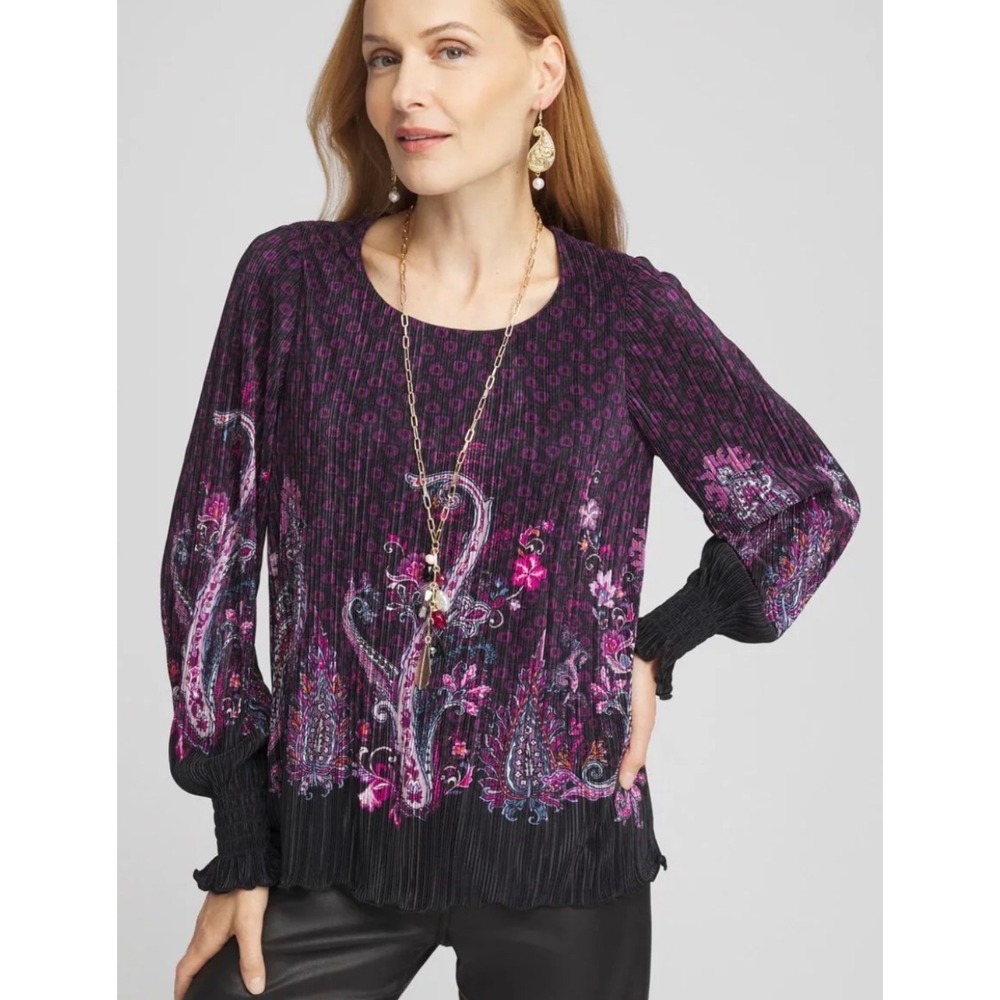 Chico's Plisse Blouse Women 4 XXL Purple Paisley Smocked Cuff Whimsigoth Top